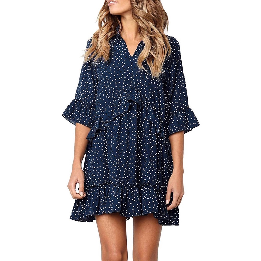 New navy polka dot flowy summer dress - Picture 1 of 5
